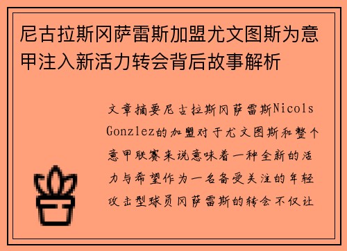 尼古拉斯冈萨雷斯加盟尤文图斯为意甲注入新活力转会背后故事解析
