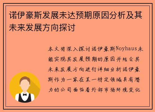 诺伊豪斯发展未达预期原因分析及其未来发展方向探讨 诺伊豪斯发展未达预期原因分析及其未来发展方向探讨