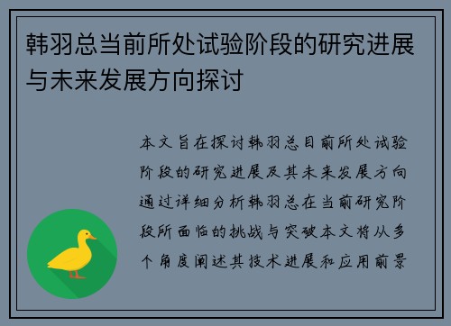 韩羽总当前所处试验阶段的研究进展与未来发展方向探讨
