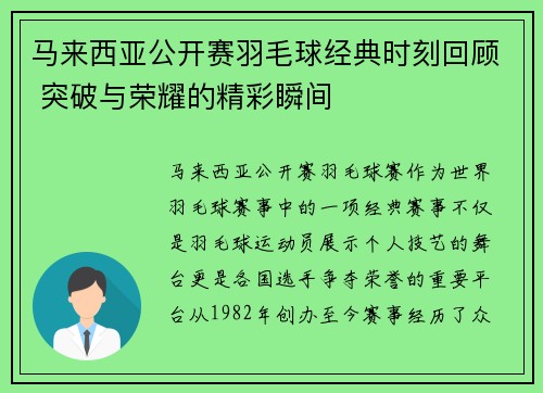 马来西亚公开赛羽毛球经典时刻回顾 突破与荣耀的精彩瞬间