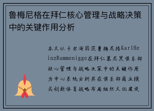 鲁梅尼格在拜仁核心管理与战略决策中的关键作用分析 鲁梅尼格在拜仁核心管理与战略决策中的关键作用分析